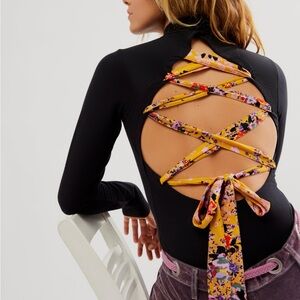Free People Black Top with Floral Lace-Up Back